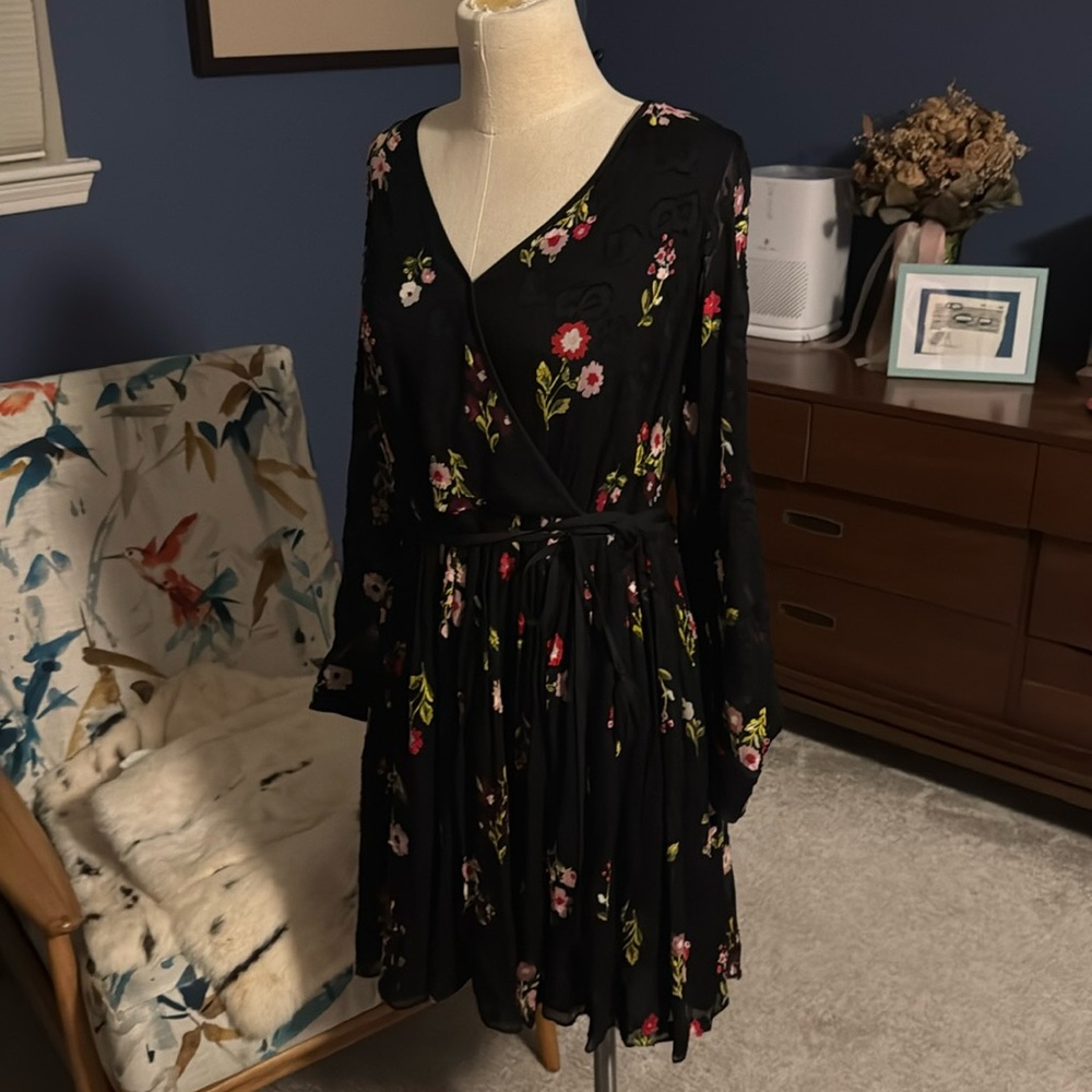 Kate Spade Black Floral faux wrap dress with long sleeves